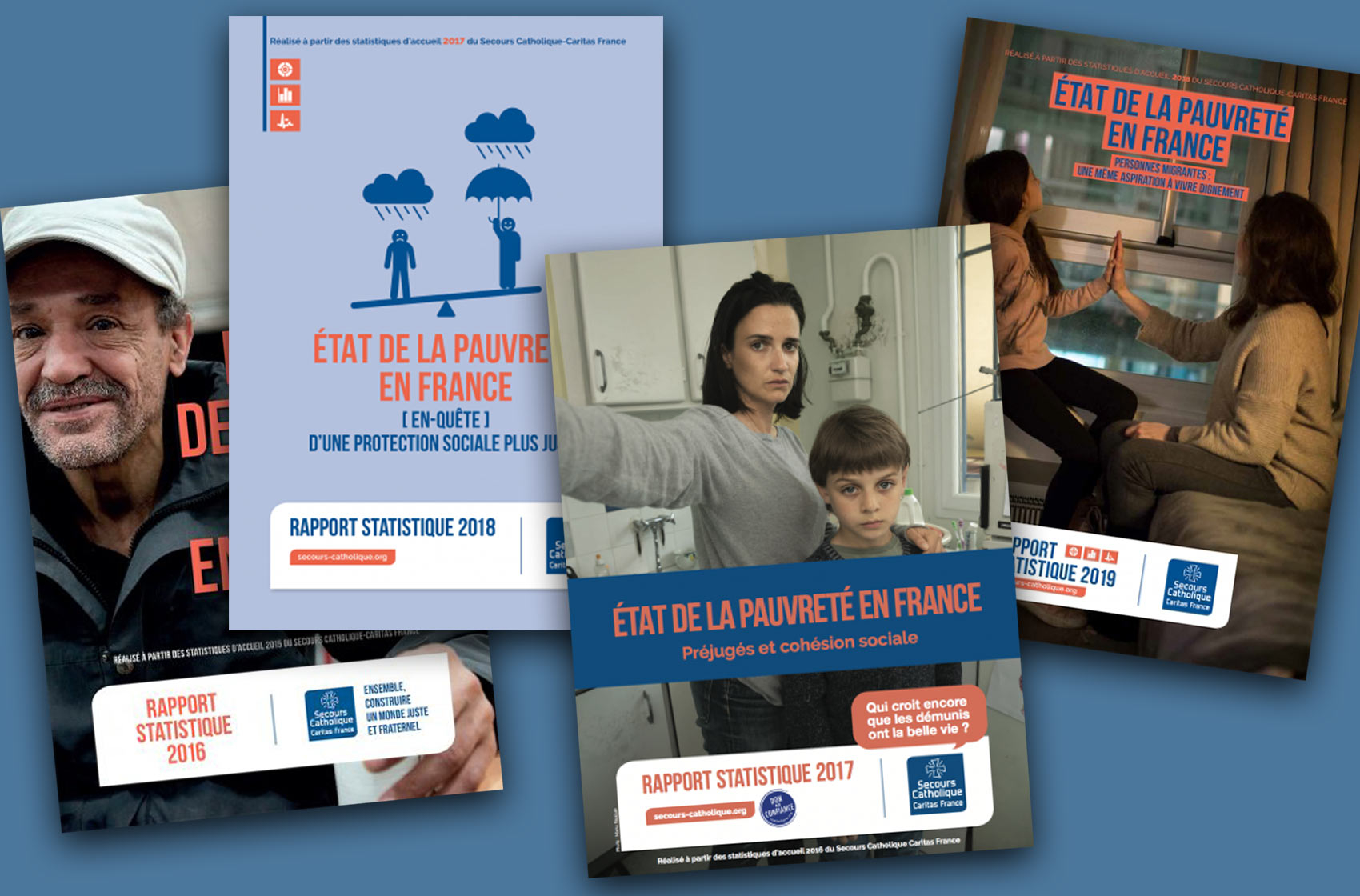 Couvertures des derniers rapports sur l'état de la pauvreté en France produits par le Secours catholique - Caritas France.