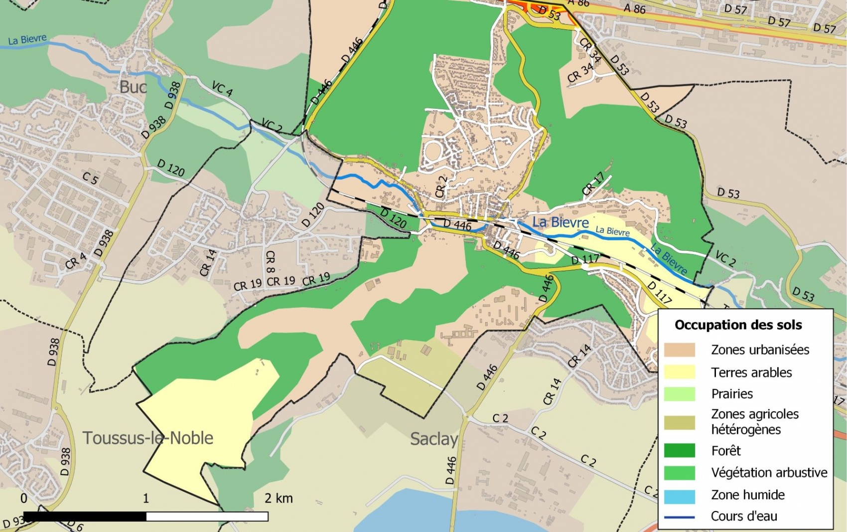 Carte des infrastructures et de l’occupation des sols en 2018 de la commune de Jouy-en Josas. © Roland45/Wikimedia