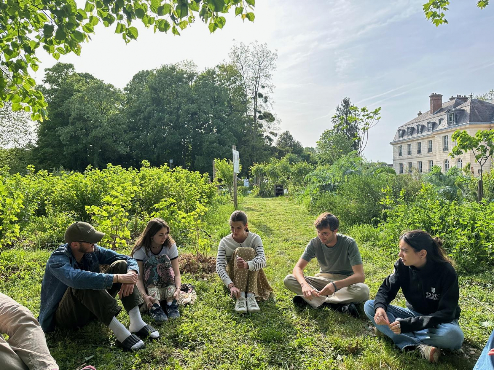 Atelier sur la connexion à soi, aux autres, à la nature et à plus grand que soi avec des étudiants de l’Essec, en avril 2026, sur le site du Campus de la Transition. © Cécile Renouard