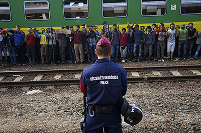 Syrian refugees protest at the platform of Budapest Keleti railway station. Refugee crisis. Budapest, Hungary, Central Europe, 4 September 2015. ©Mstyslav Chernov